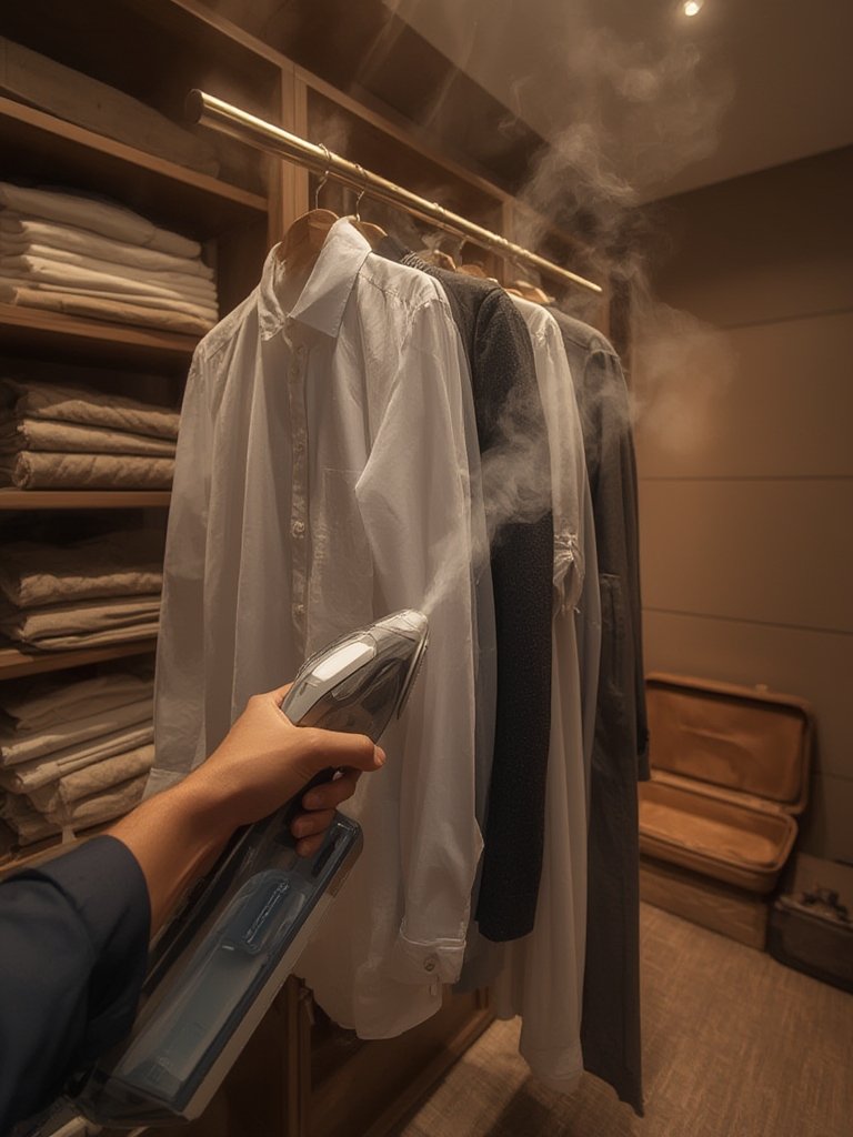 clothes steamer in action