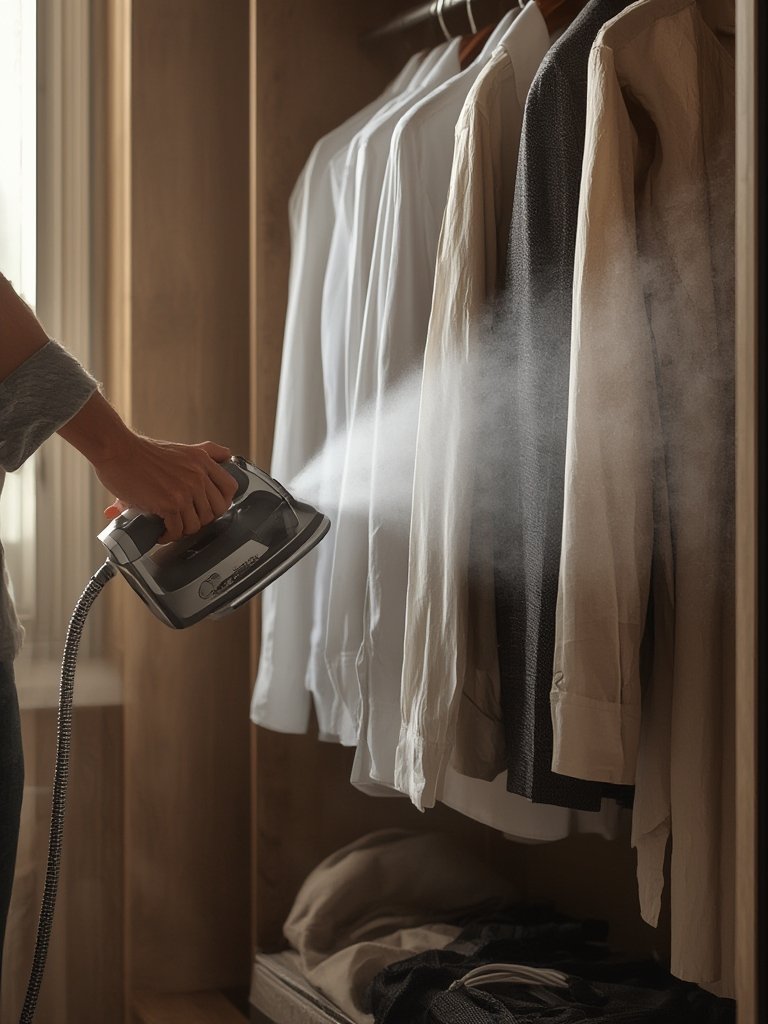 clothes steamer in action